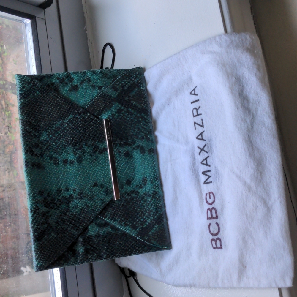 BCBG Emerald snake print clutch
